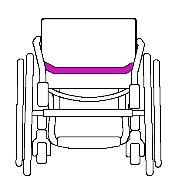 A black and white rigid wheelchair from behind with a bright pink rigidizer bar.